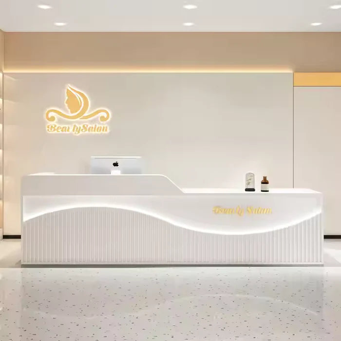 Reception Table for Office Luxury Modern Counter Stylish Design With LED Light and Multi Drawers Ample Storage & Openable Storage - White