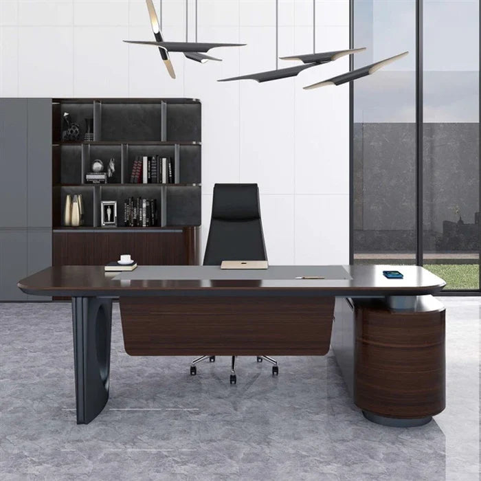 Director & Executive L-Shape Office Table Modern Desk Made in Plywood with Drawer & Wire Manager