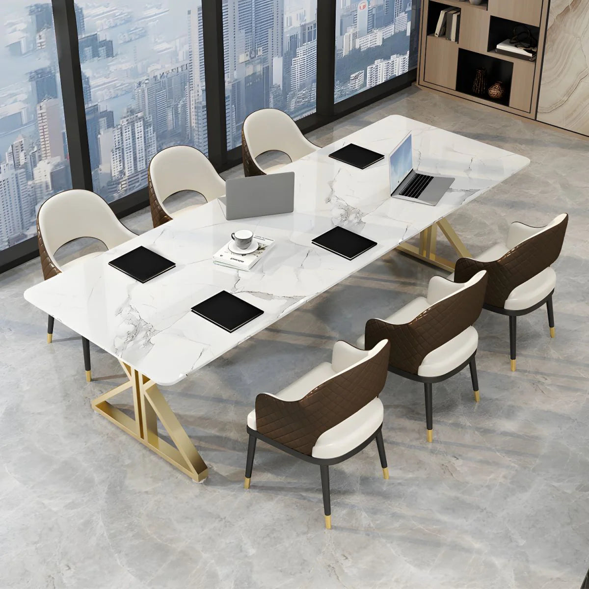 Conference and Meeting Marble Laminate Top Office Table Base in MS Metal Legs with Golden Powder Coating