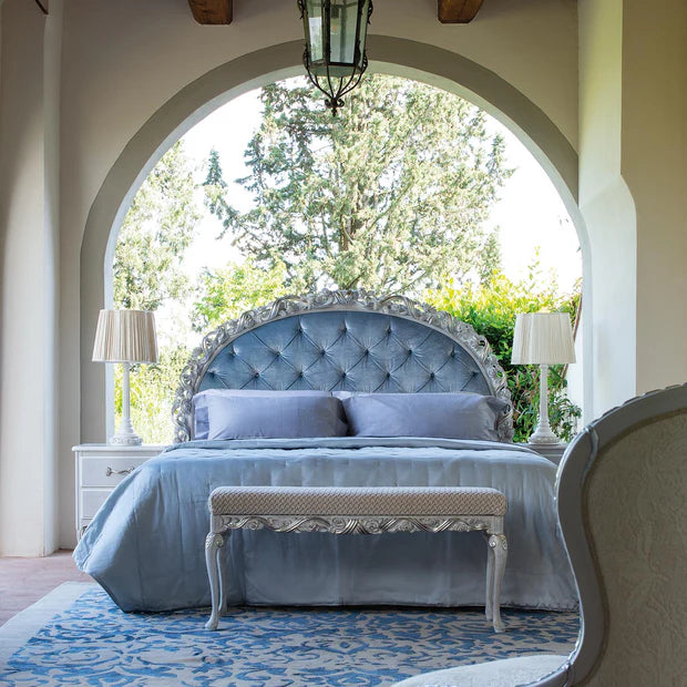 Luxury hand‑carved Italian‑style king bed in teak wood with tufted headboard for Modern Bedrooms;