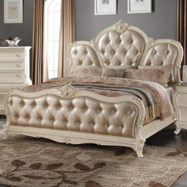 King‑Size Bed with Cushioned Upholstered Headboard and Solid Wood Frame in Grey Finish