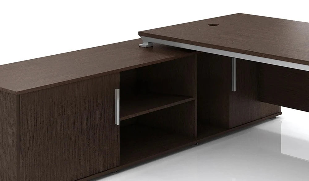 Director L-Shape Table Luxury Modern Office Desk with Made in Plywood and Dark Oak Veneer Wire Management