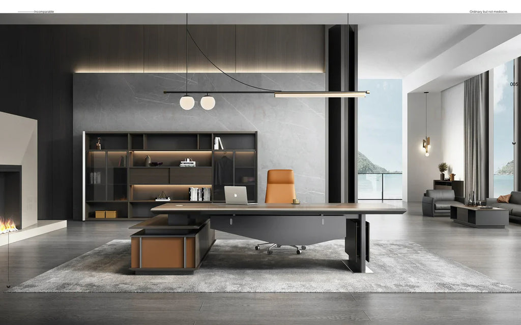 Luxury Modern L-Shape Office Desk with Side Unit and Storage in Brown Walnut Multi-Functional MDF with Wire Management