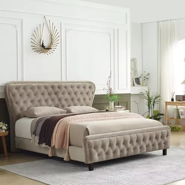 Modern king-size velvet platform bed with deep-button tufted headboard, foam padding, luxury and comfort for bedroom.