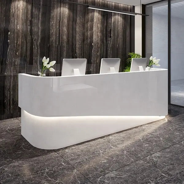 Reception Table for Office Luxury Modern Counter Stylish Design Made in MDF and LED Light Multi Drawers & Round Wire Manager Openable Shutter- White Color