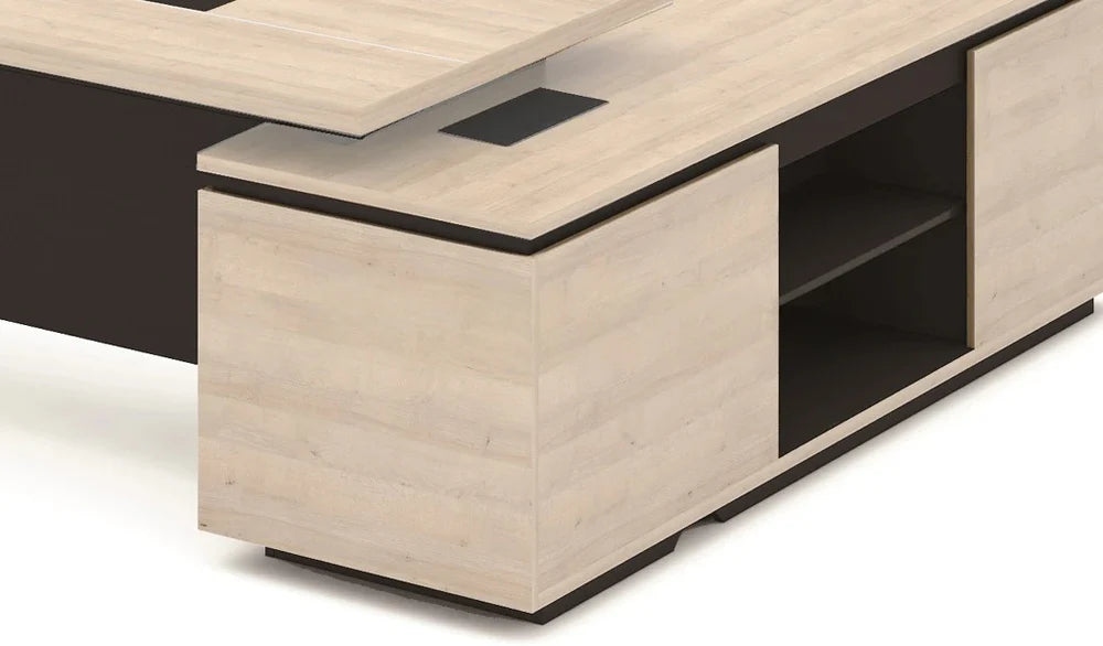 Director L-Shape Table Luxury Modern Office Desk with Made in MDF and Drawers, Shelves, and CPU Storage Space & Charcoal Black