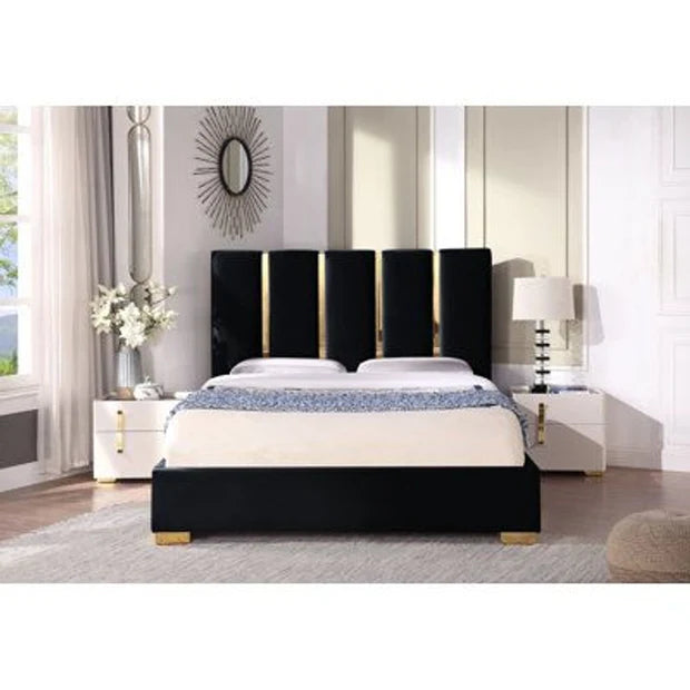 Luxury Black; Gold King Size Bed – Upholstered High Headboard, Sleek Metal Legs