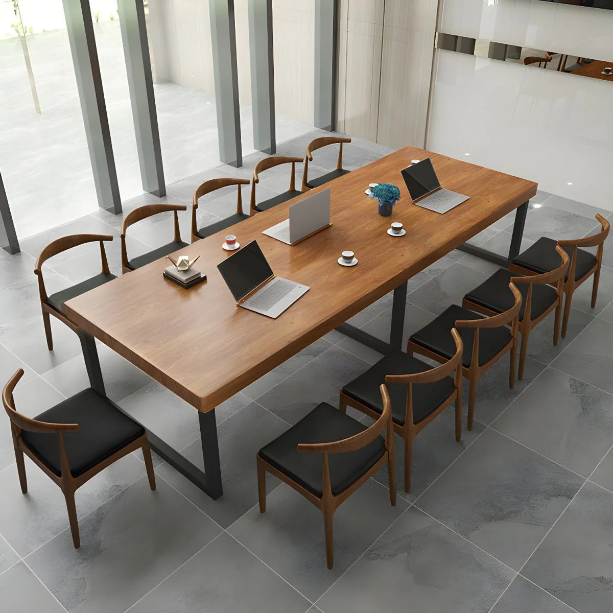 Meeting and Conference Rectangular Office Table Top Made in Solid Wood with Polish and Base in MS Metal Legs with Black Powder Coating