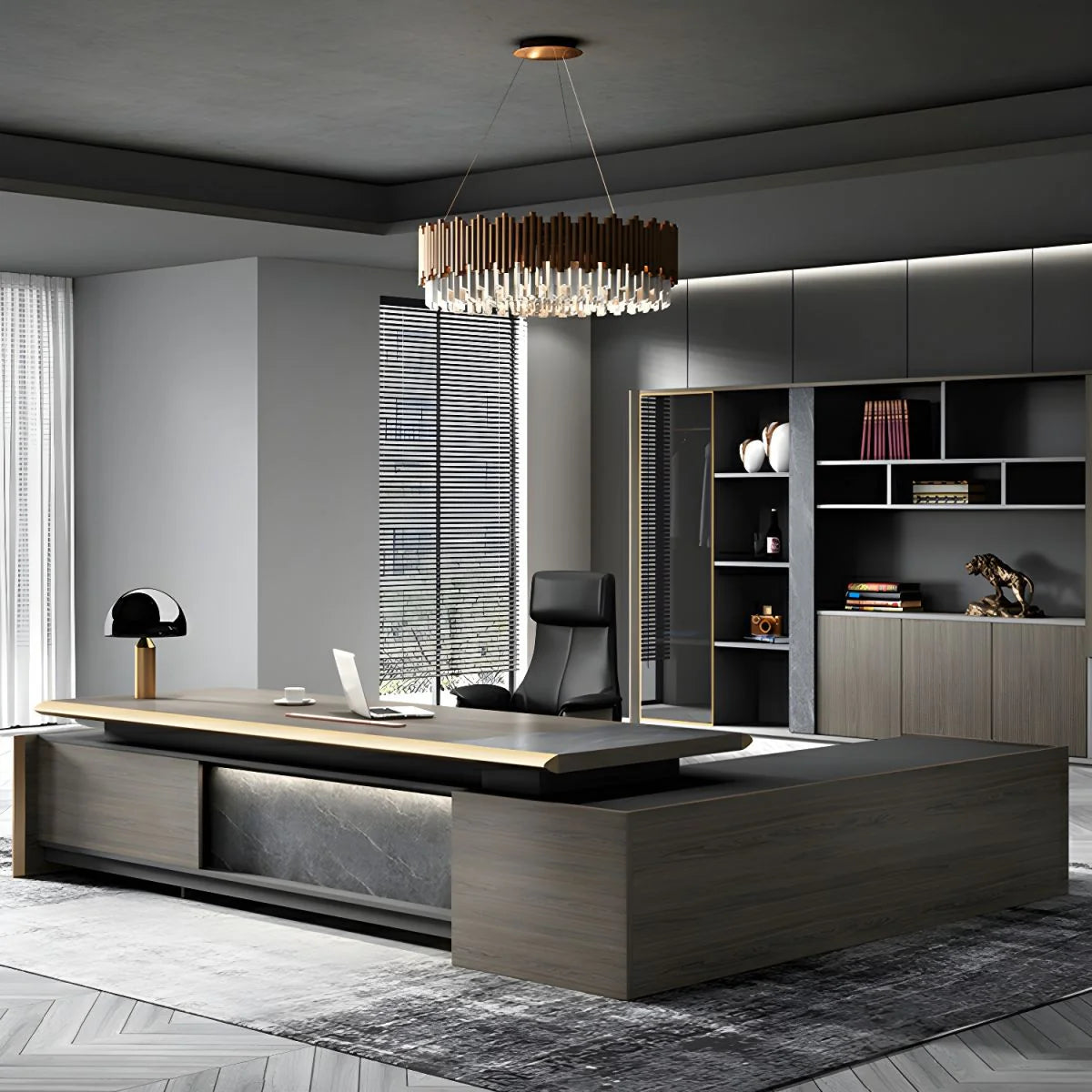 Director & Executive L-Shape Office Table Luxury Desk Made in MDF Side Unit Drawer and Storage Wire Manager