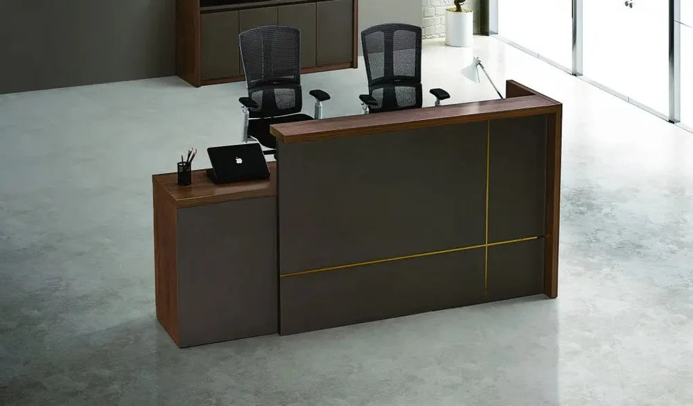 Reception Table Made In Engineered Wood with Matte Grey & King Walnut Laminate and Inlaid Brass Strip Detailing, Built In Storage