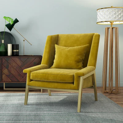 Lounge Chair Upholstered in Velvet Luxurious and Comfortable durable Design Metal leg Base with Golden Powder coated-Yellow