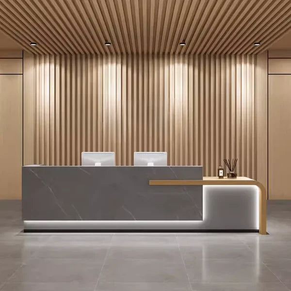 Reception Table for Office Luxury Modern Counter Stylish Design Made in MDF with Marble Pattern and Ample Storage & Two Person Seater