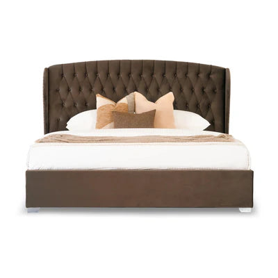 King Size Wooden Bed with Wingback Headboard Fully Upholstered Luxury Design Made in; Plyboard with Premium Leatherette Fabric for Elegance,