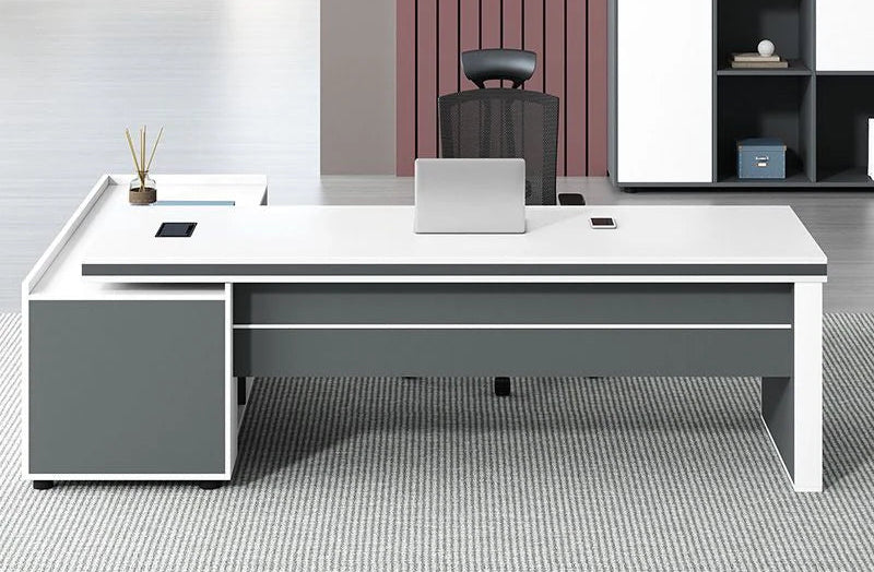 Director & Executive L-Shape Office Table Luxury Desk Made in Particle Board with Side Unit Locking Drawer, Wire Manager, and CPU Storage