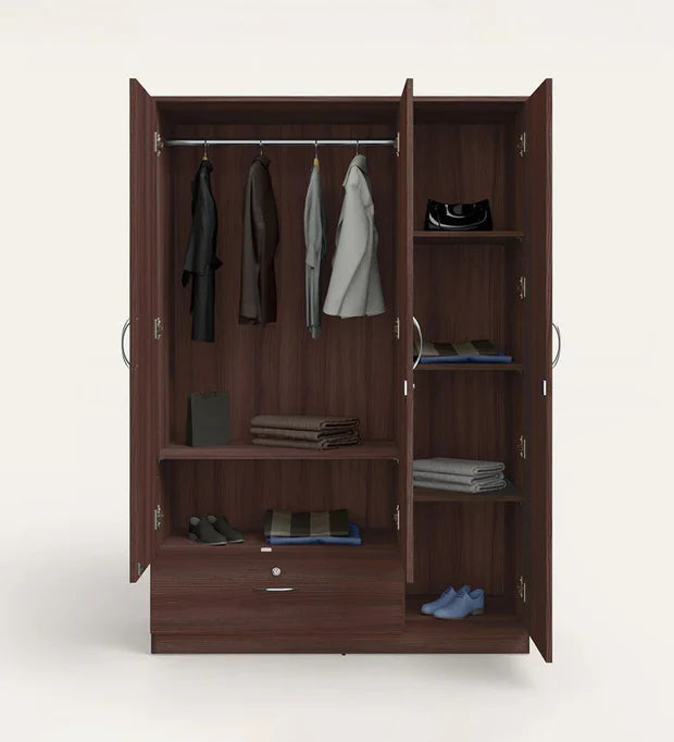 Wooden Almirah for Home Furniture in Particle Board Material – 3 Door with 1 Drawer, Stylish Handles for Bedroom Storage