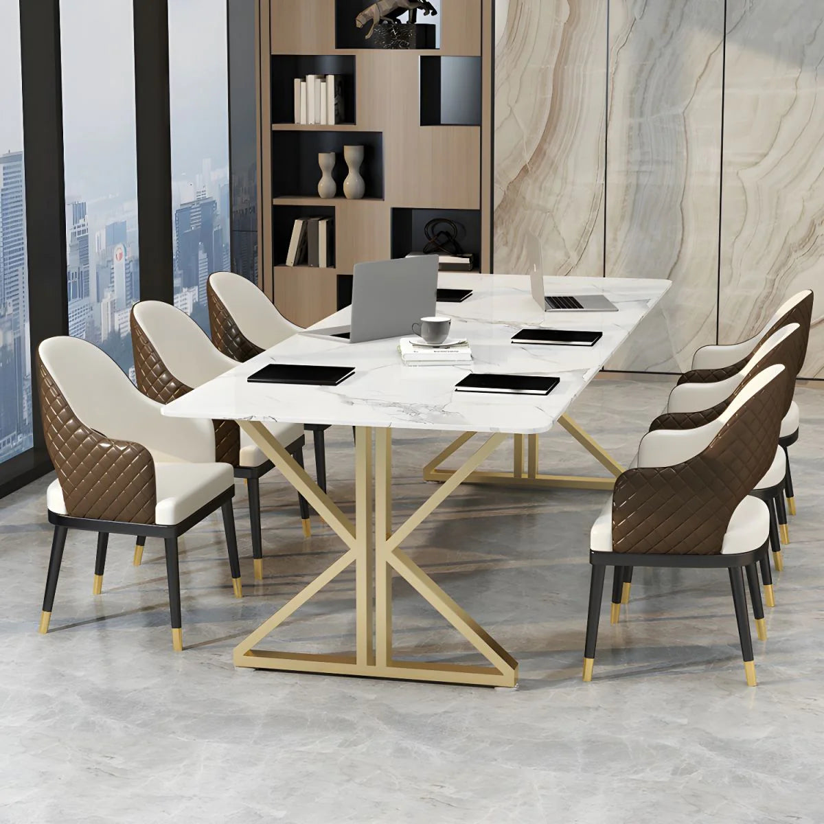 Conference and Meeting Marble Laminate Top Office Table Base in MS Metal Legs with Golden Powder Coating