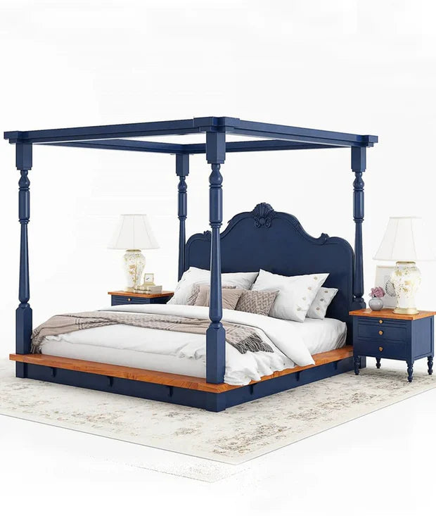 Poster Bed in Solid Sheesham Wood with Handcrafted Headboard, Two-Tone Finish, and Royal Design