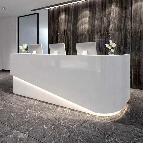 Reception Table for Office Luxury Modern Counter Stylish Design Made in MDF and LED Light Multi Drawers & Round Wire Manager Openable Shutter- White Color