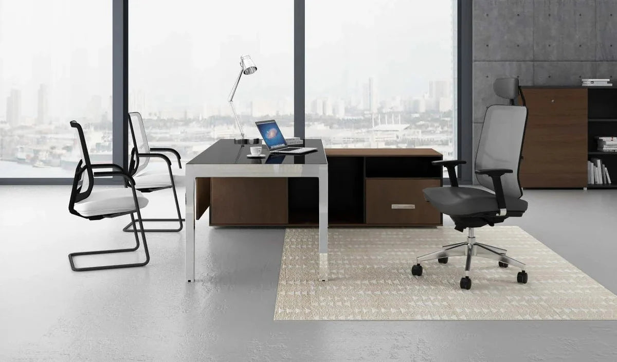 Director L-Shape Table Luxury Modern Office Desk Made in MDF with MS Metal Frame Multi Drawers and Storage & CPU Space