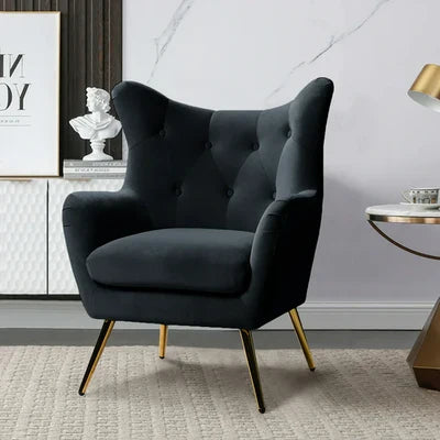 Wingback Lounge Chair Metal Base with Arms Modern &amp; Durable Design Upholstery Velvet Comfortable Seating for Living Room &amp; Offices - Navy Grey