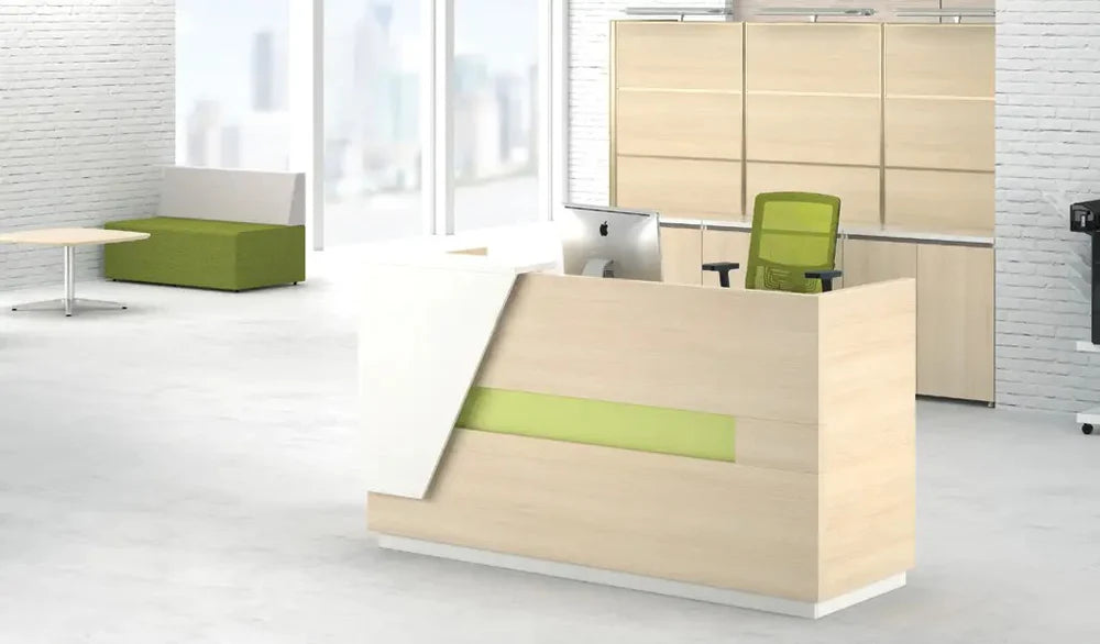 Reception Table Made In Engineered Wood Finished In Light Oak and White Combination an Over All Open Look And Feel