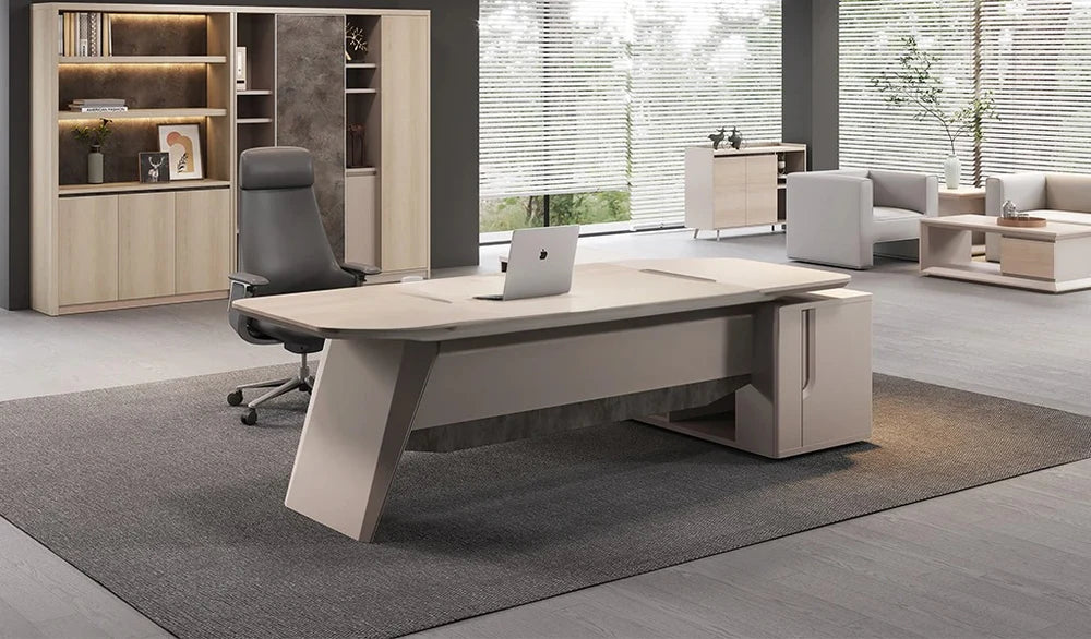 Director L-Shape Table Luxury Modern Office Desk with Made in MDF and Drawers, Shelves, and CPU Storage Space & White, Seagull Gray Finish