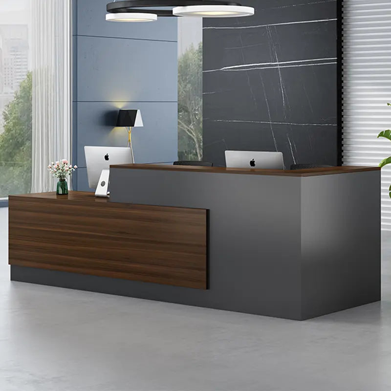 Reception Table for Office Luxury Modern Counter Stylish Design and Drawers Bookshelf Ample Storage & Openable Storage - Grey & Brown