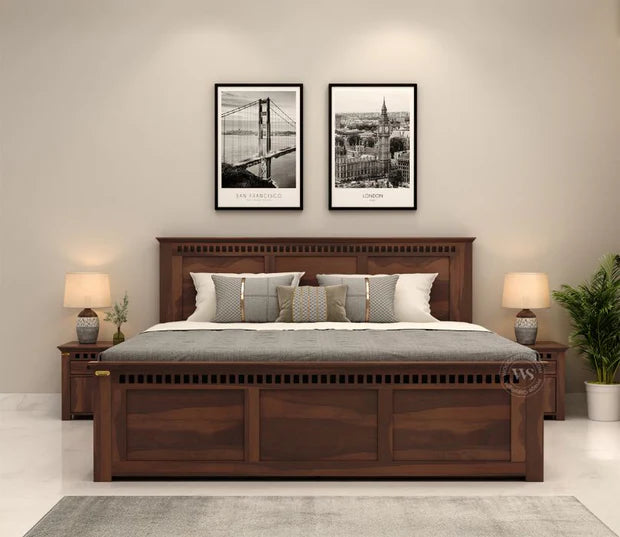 King‑size Sheesham wood bed with stylish headboard  hydraulic under‑bed storage, elegant walnut finish