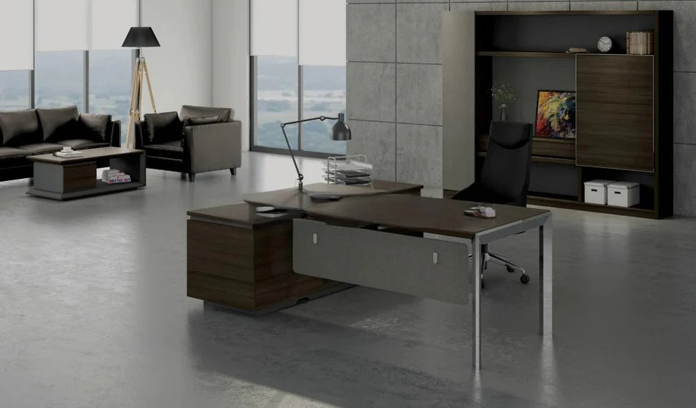 Director L-Shape Table Luxury Modern Office Desk with Made in MDF and Drawers & Storage Wire Management Dark Oak & Carbon Gray