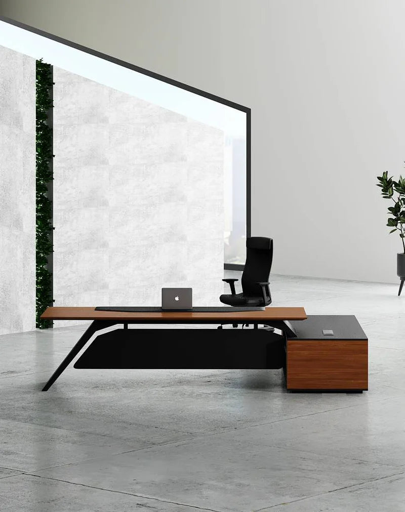 Director & CEO Office Table L-Shape Luxury Storage and Leathere Pad & Wire Manager