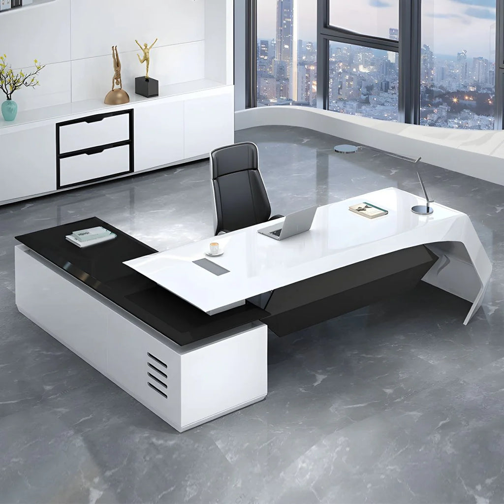 Director & Executive L-Shape Office Table Luxury Desk Made in MDF with Side Unit Drawer and Storage Wire Manager & CPU Storage