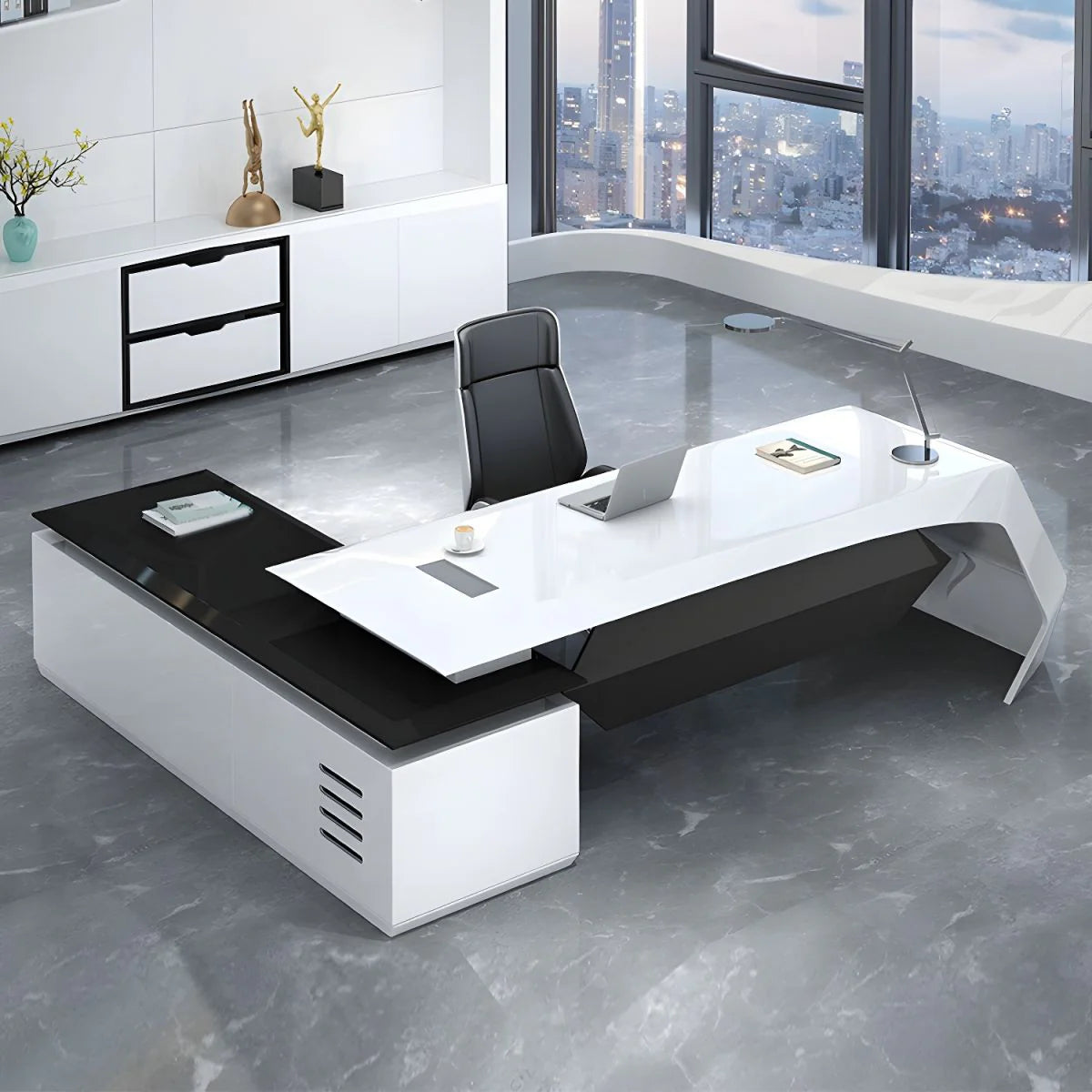 Director & Executive L-Shape Office Table Luxury Desk Made in MDF with Side Unit Drawer and Storage Wire Manager & CPU Storage