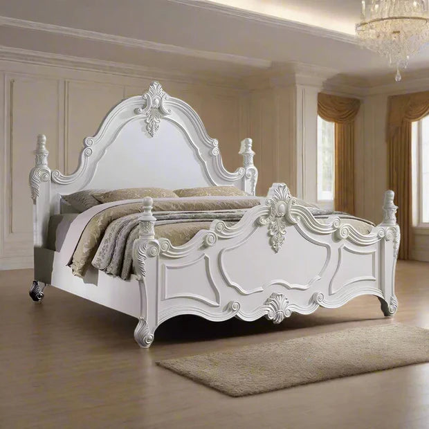 Maharaja White Bed – Hand-Carved Royal Design, Antique Finish, Solid Frame, Indian Luxury Furniture, Premium Bedroom Decor