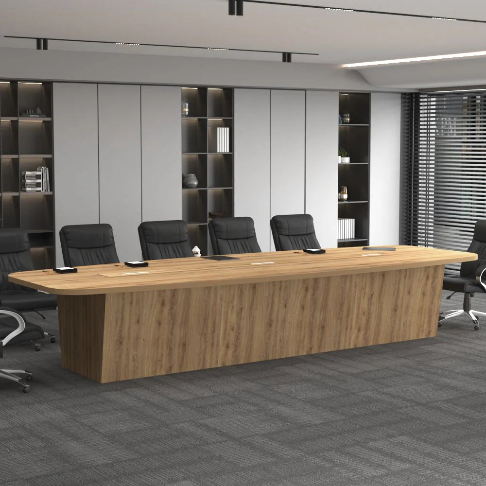 Conference Table, Meeting Room Table Furniture with Three Pop-up Boxes in Wood Brown Top and Base Made in Plywood with Post-laminate