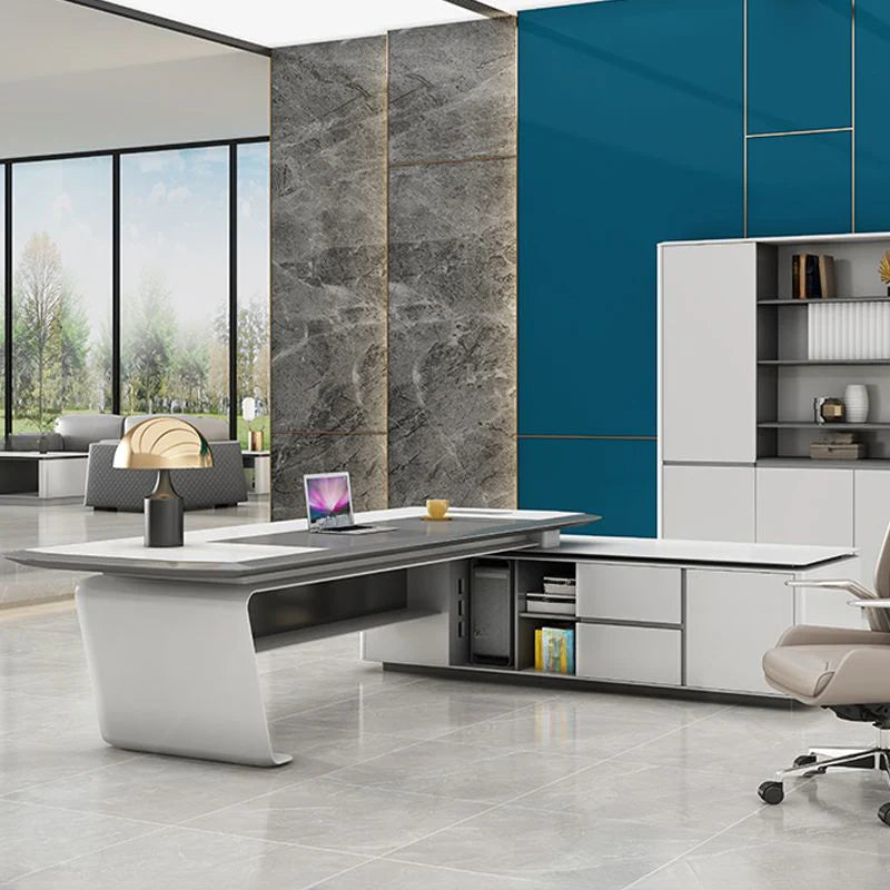 Director L-Shape Office Table Luxury Desk Made in Plywood with Veneer Reversible Orientation, Wire Manager, and CPU Storage