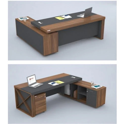Director L-Shaped Office Table Luxury Design Double-layer Gable End and Modesty Panel Walnut & Grey Office