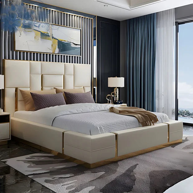 Queen Bed for Home Furniture with Upholstered headboard with sleek metal accents for your luxury Bedroom.;