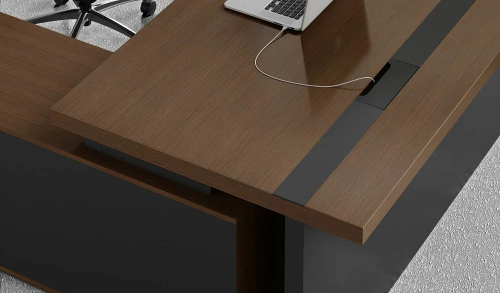 Director L-Shape Table Luxury Modern Office Desk Made in Plywood with Side unit drawers and Openable Storage & Pedestal
