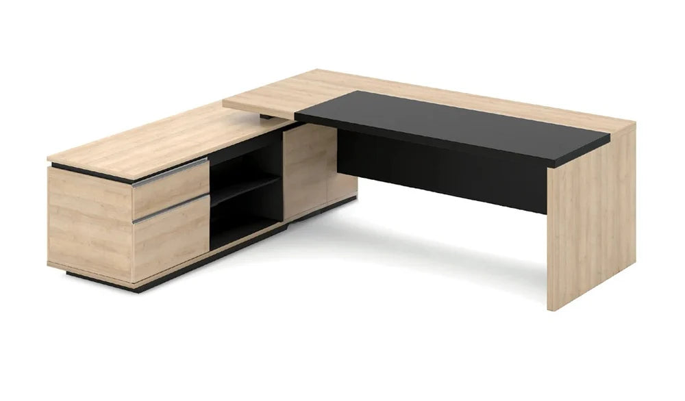 Director L-Shape Table Luxury Modern Office Desk with Made in MDF and Drawers, Shelves, and CPU Storage Space & Charcoal Black