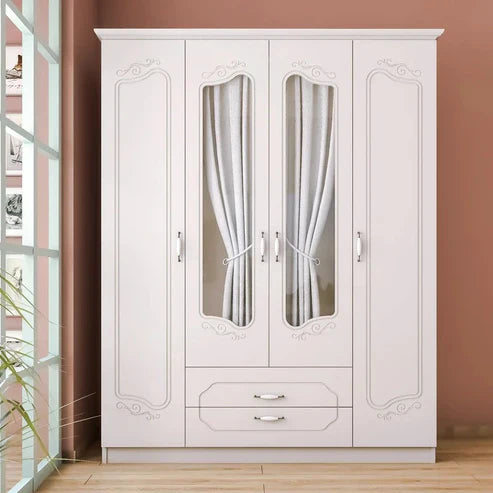 Wardrobe for Designer Wardrobe for Small Spaces 4-Door with Mirror and Elegant Finish, Blending Form and Function