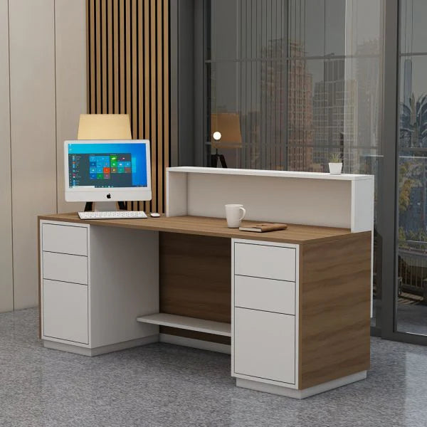 Reception Table Made In Engineered Wood with Both Sides 1 Drawer, 1 Shutter Unit and - Brown & White