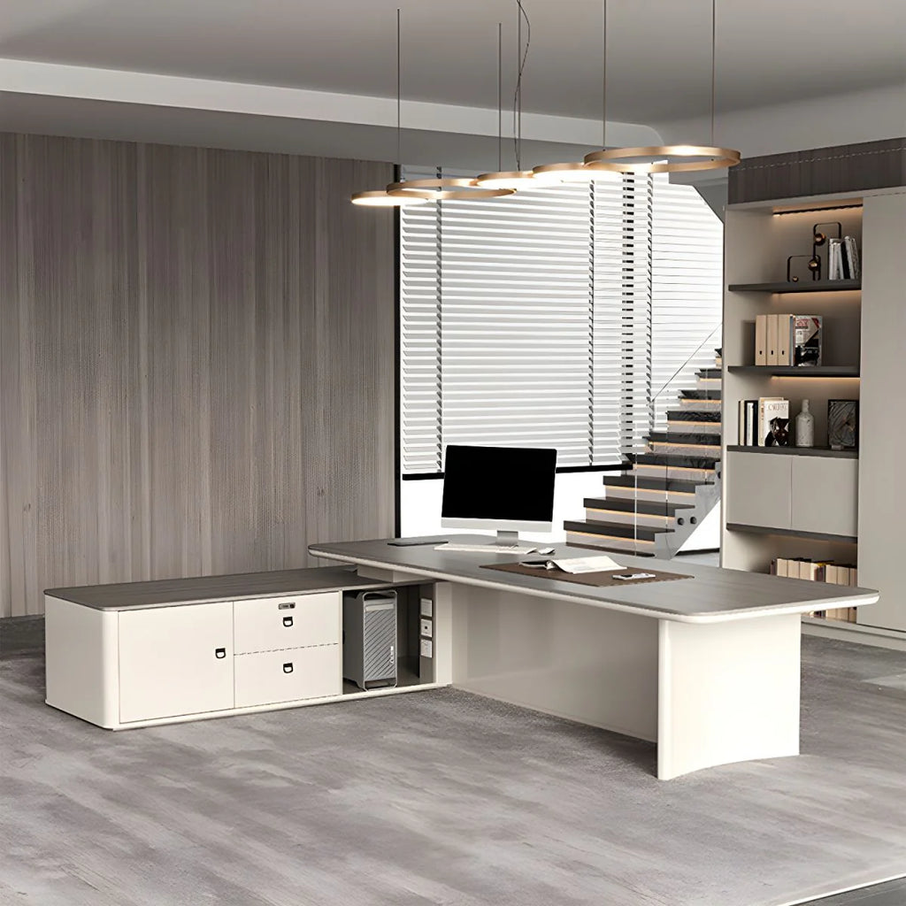 Director & Executive L-Shape Office Table Luxury Desk Made in MDF with Reversible Orientation Side Unit Drawer and Storage Wire Manager & CPU Storage