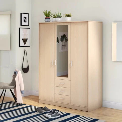 Modern Three‑Door Wardrobe with Full‑Length Mirror, Spacious Hanging Rod and Shelves, Sleek Design