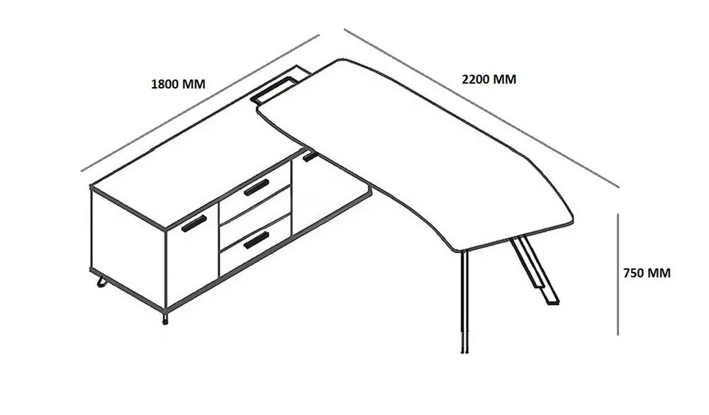 Director L-Shape Office Table Luxury Design and side unit Ergonomic Curved Top and Wire Manager & Metal Legs