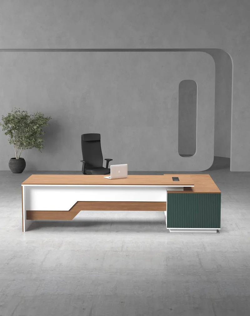 Director Office Table L-Shape Luxury Design with Modern Desk Featuring Drawer and CPU Space & Wire Manager