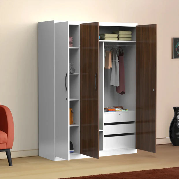 Wardrobe 3‑Door with Hanging Spaces, Drawers & Shelves, Dual‑Tone Design in Classic Walnut & Frosty