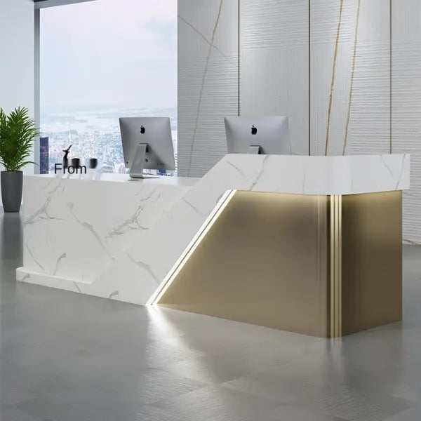 Reception Table for Office Luxury Modal Counter Desk Made in Plywood in Marble Pattern with Round two Wire Manager, Drawers 2 Person Seating - White
