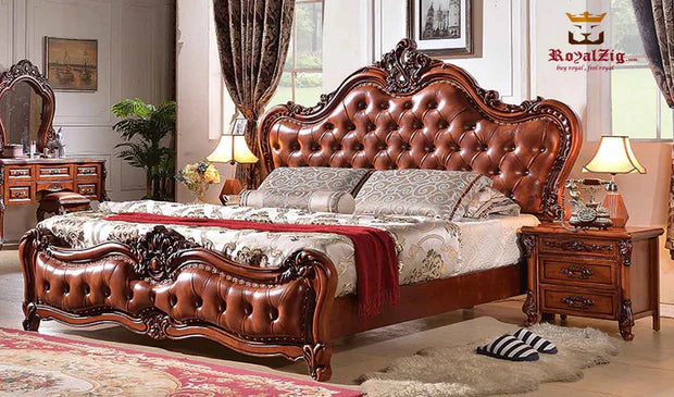 king‑Size Teak Wood Bed with Headboard High PU-Finish Headboard Support Legs, Modern Design