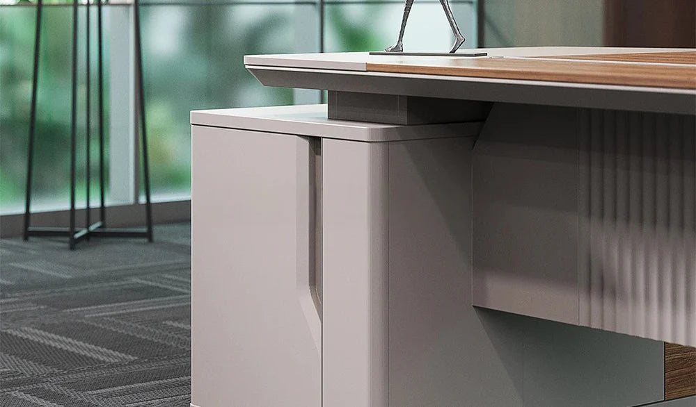 Director L-Shape Office Table Luxury Design and side Unit with Side unit, Wire Management, and Golden Sandal Wood & Seagull Gray