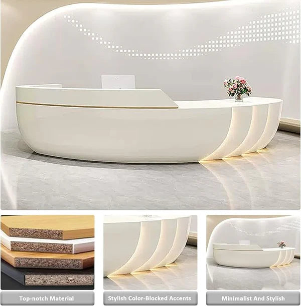Reception Table for Office Stylish Design Made in MDF with Ply and LED Light & keyboard Try - White Color